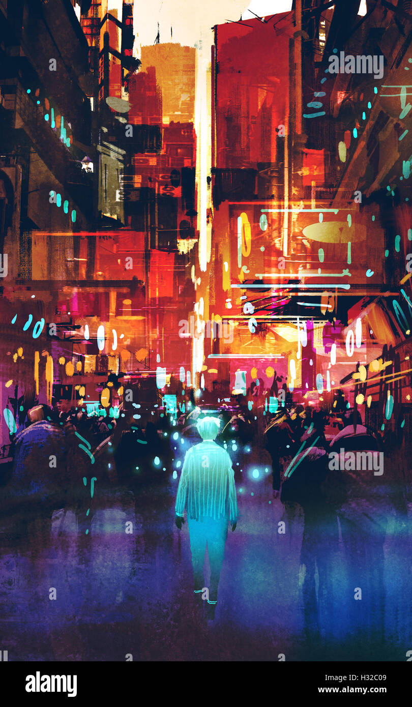 Blu brillante uomo a camminare in città futuristica con luce colorata, illustrazione pittura Foto Stock
