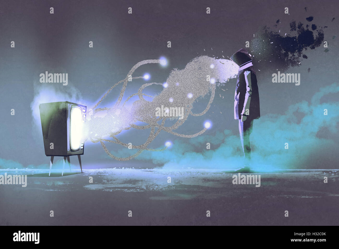Uomo in piedi nella parte anteriore di un insolito televisione su sfondo scuro,illustrazione pittura Foto Stock