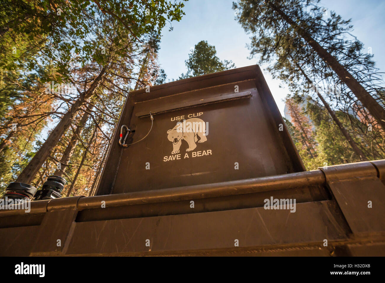 Dumpster Bearproof presso Cathedral Beach area picnic nel Parco Nazionale di Yosemite Valley, Yosemite National Park, California, Stati Uniti d'America Foto Stock