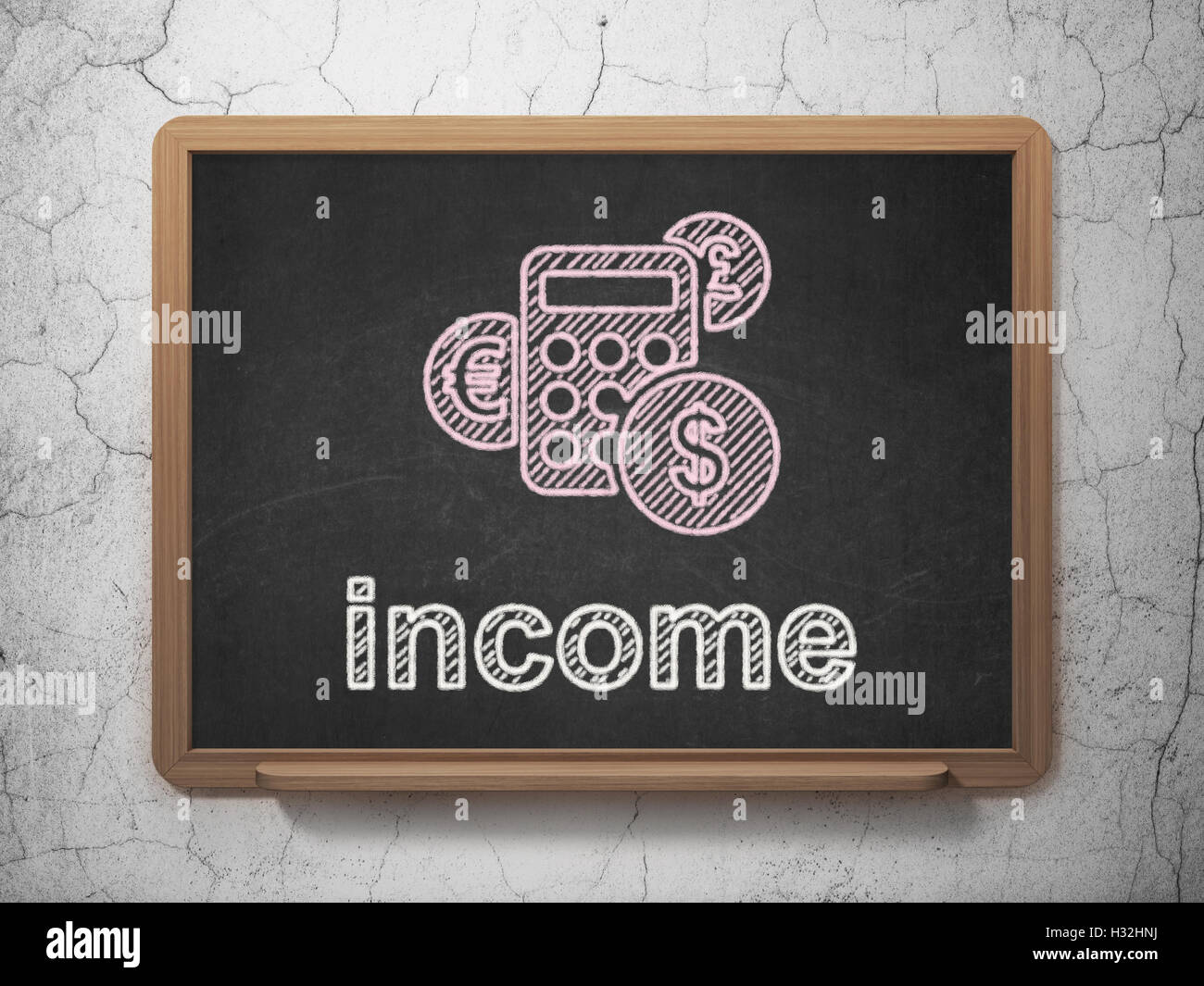 Il concetto di business: calcolatrice e di proventi su sfondo lavagna Foto Stock