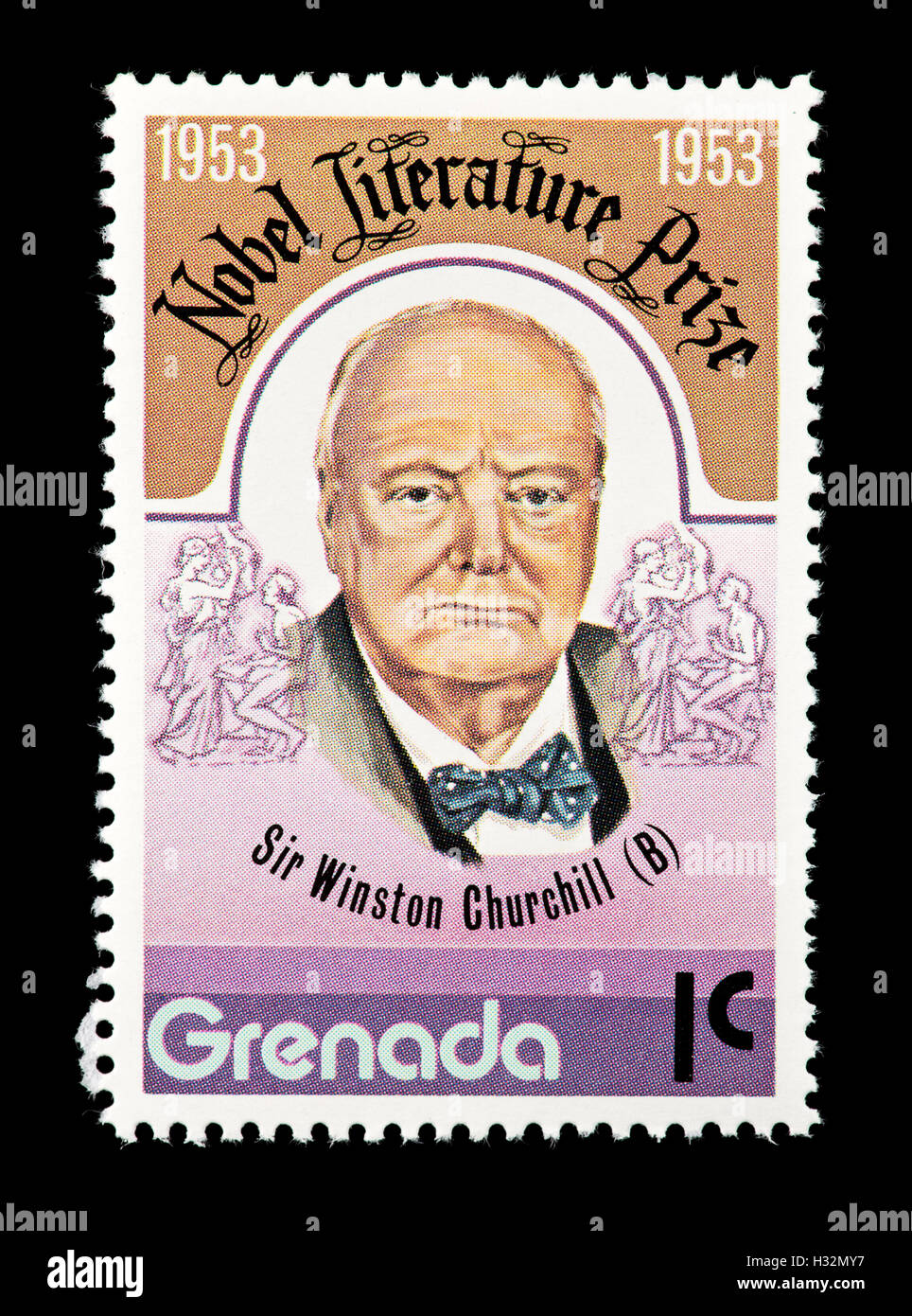 Francobollo raffigurante Grenada Sir Winston Churchill e la sua vittoria  del 1953 Premio Nobel per la letteratura Foto stock - Alamy