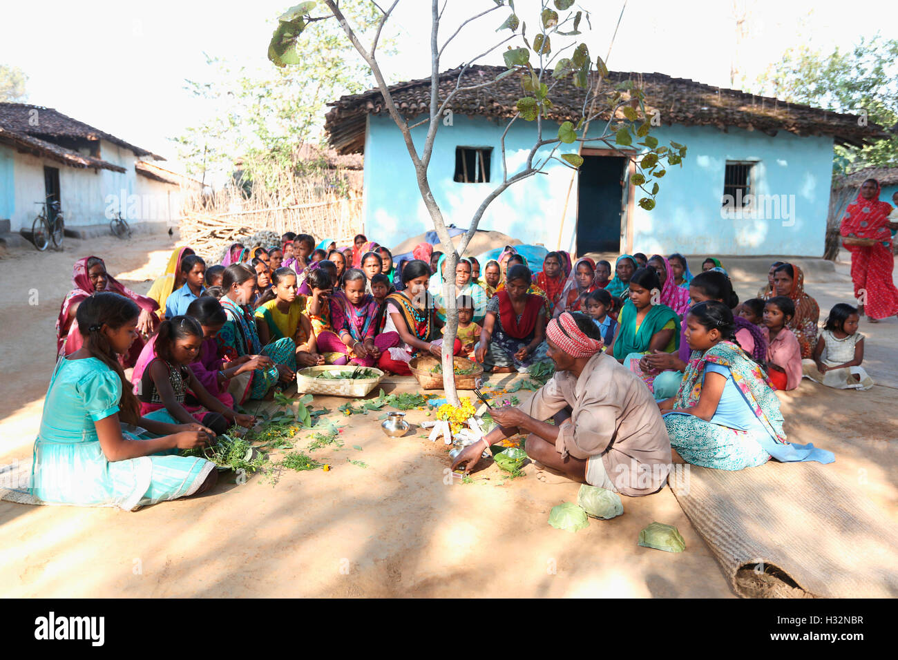 Ragazze tribali di eseguire Karma puja, BHUMIA tribù, Karma village, Bagicha tahsil, Chattisgarh, India Foto Stock