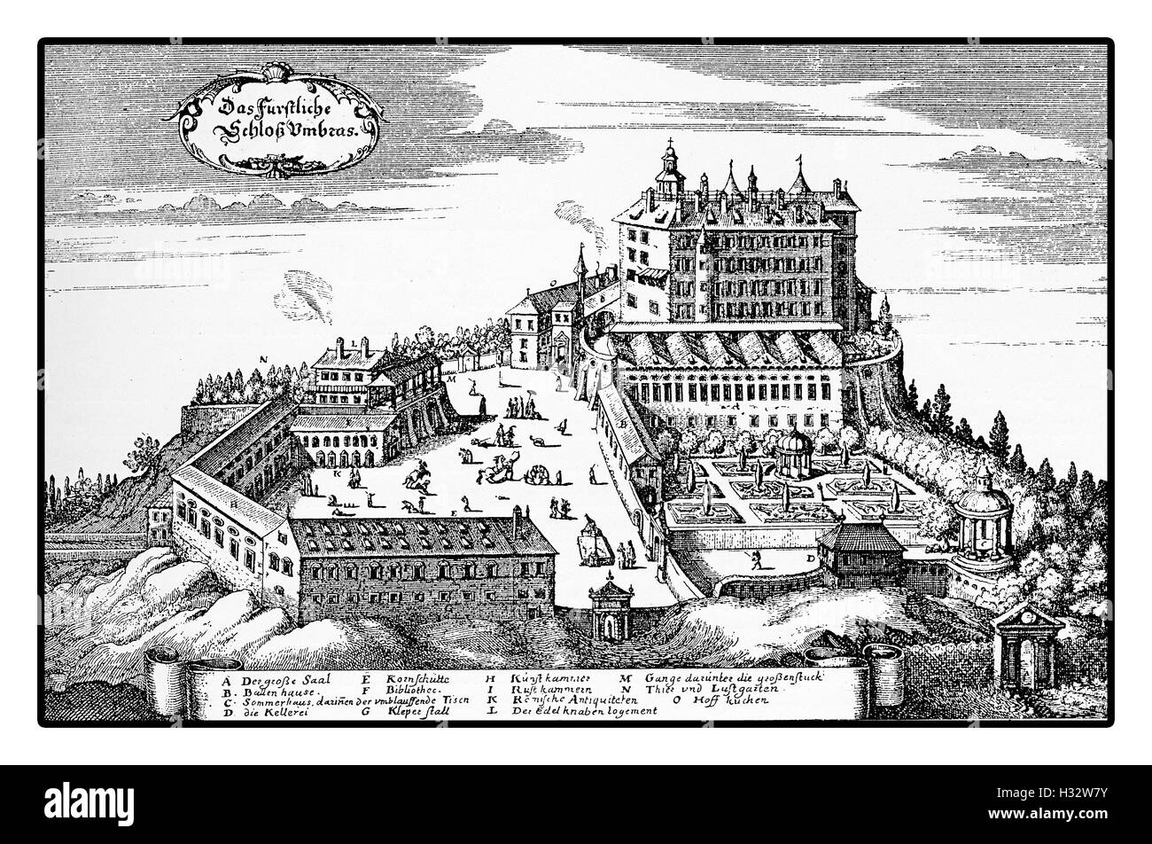 Anno 1677 vintage incisione di Ambras castello rinascimentale sulle colline sopra Innsbruck Foto Stock