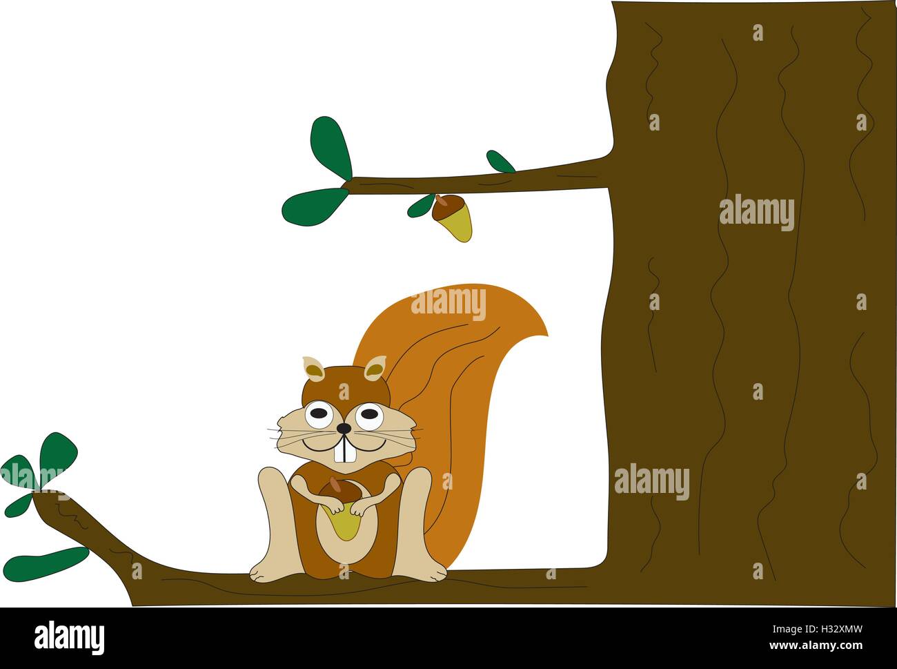 Cartoon caricatura scoiattolo holding acorn seduto in una struttura ad albero. Illustrazione Vettoriale