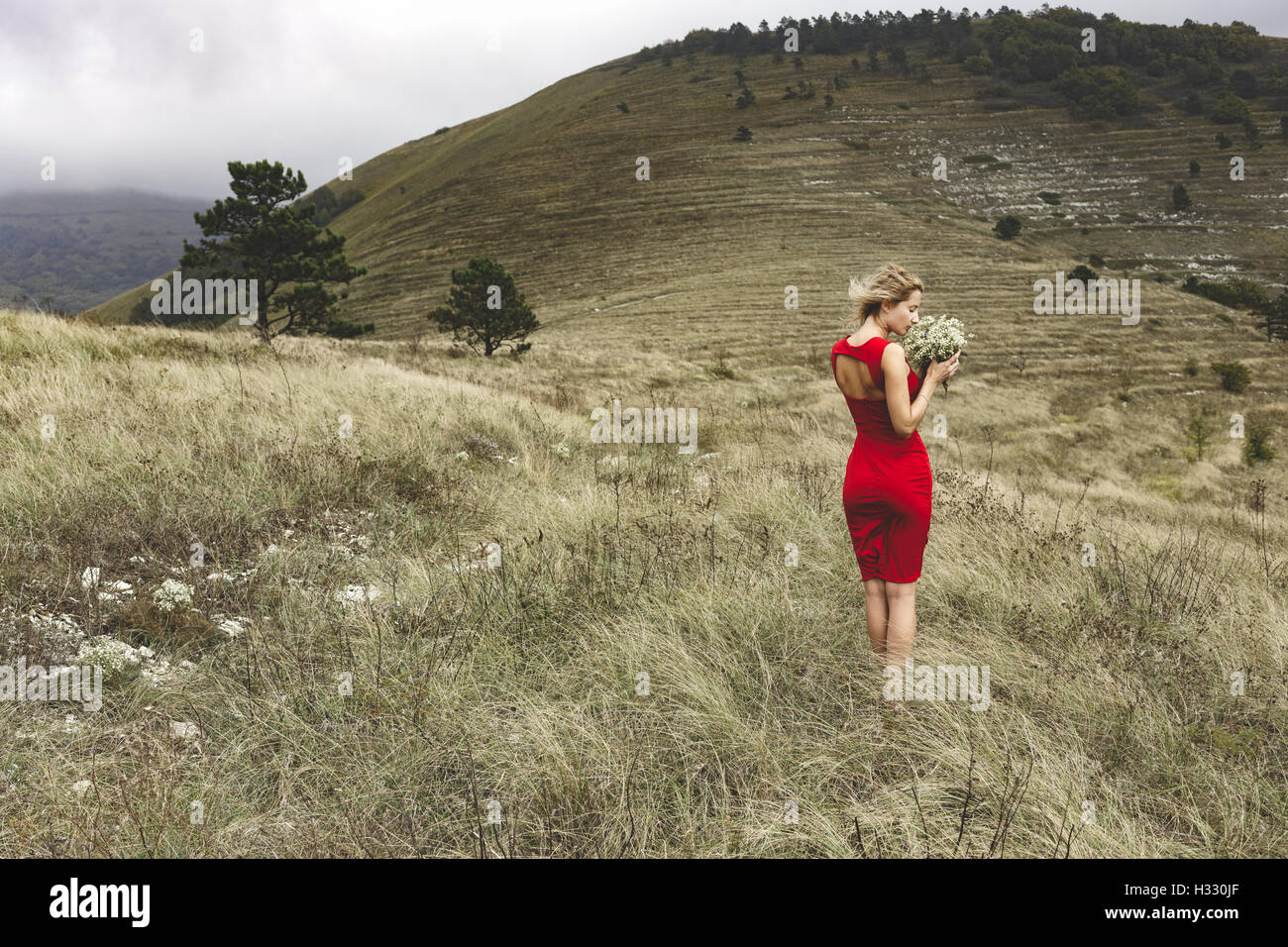 Donna in abito rosso tenendo un fiori di campo mentre in piedi in un prato contro il pendio terrazzato su un nuvoloso giorno ventoso Foto Stock