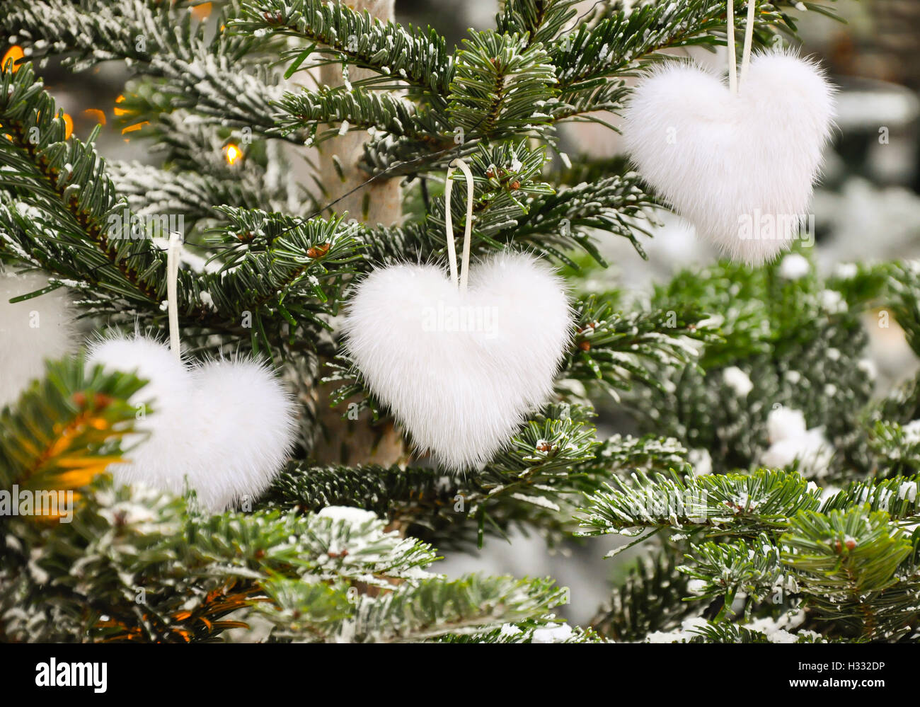 Insolita creatività romantica Natale o Capodanno decorazione -bianco soffice forma di cuore giocattoli di Natale su abete rosso in inverno. Foto Stock