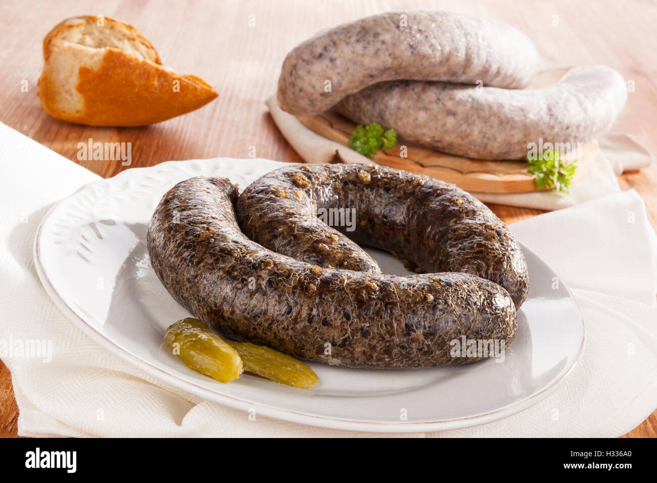 Salsicce di sangue e la salsiccia di riso. Foto Stock