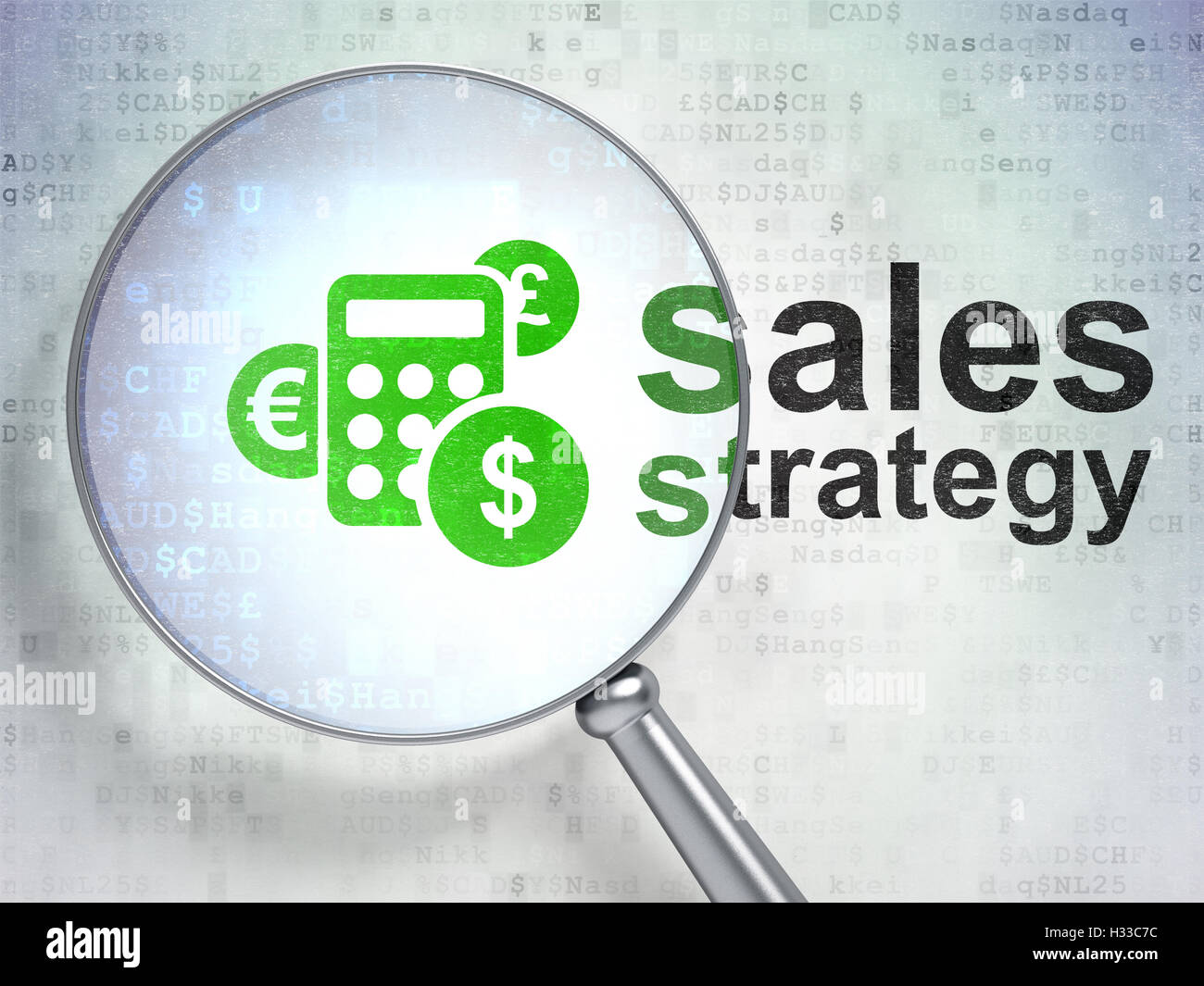 Il concetto di pubblicità: calcolatrice e la strategia di vendita con vetro ottico Foto Stock