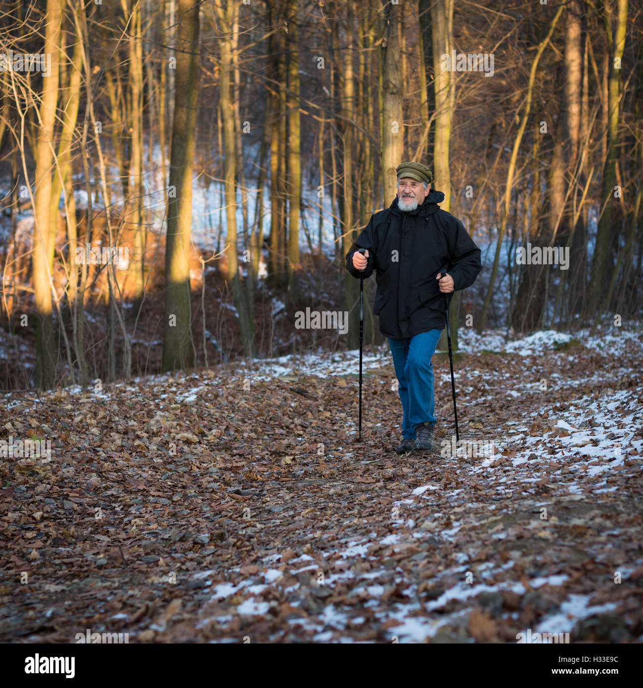 Senior uomo nordic walking, godendo la vita all'aperto Foto Stock