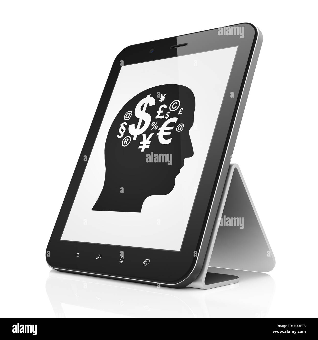 Il concetto di business: testa con il simbolo delle finanze su tablet pc Foto Stock