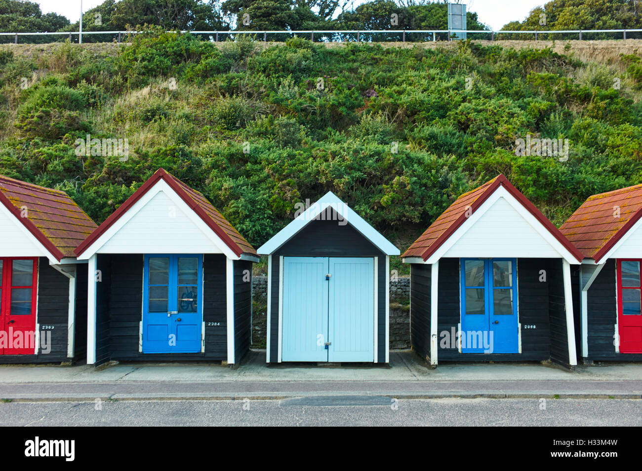 Spiaggia di capanne in Bournemouth Foto Stock