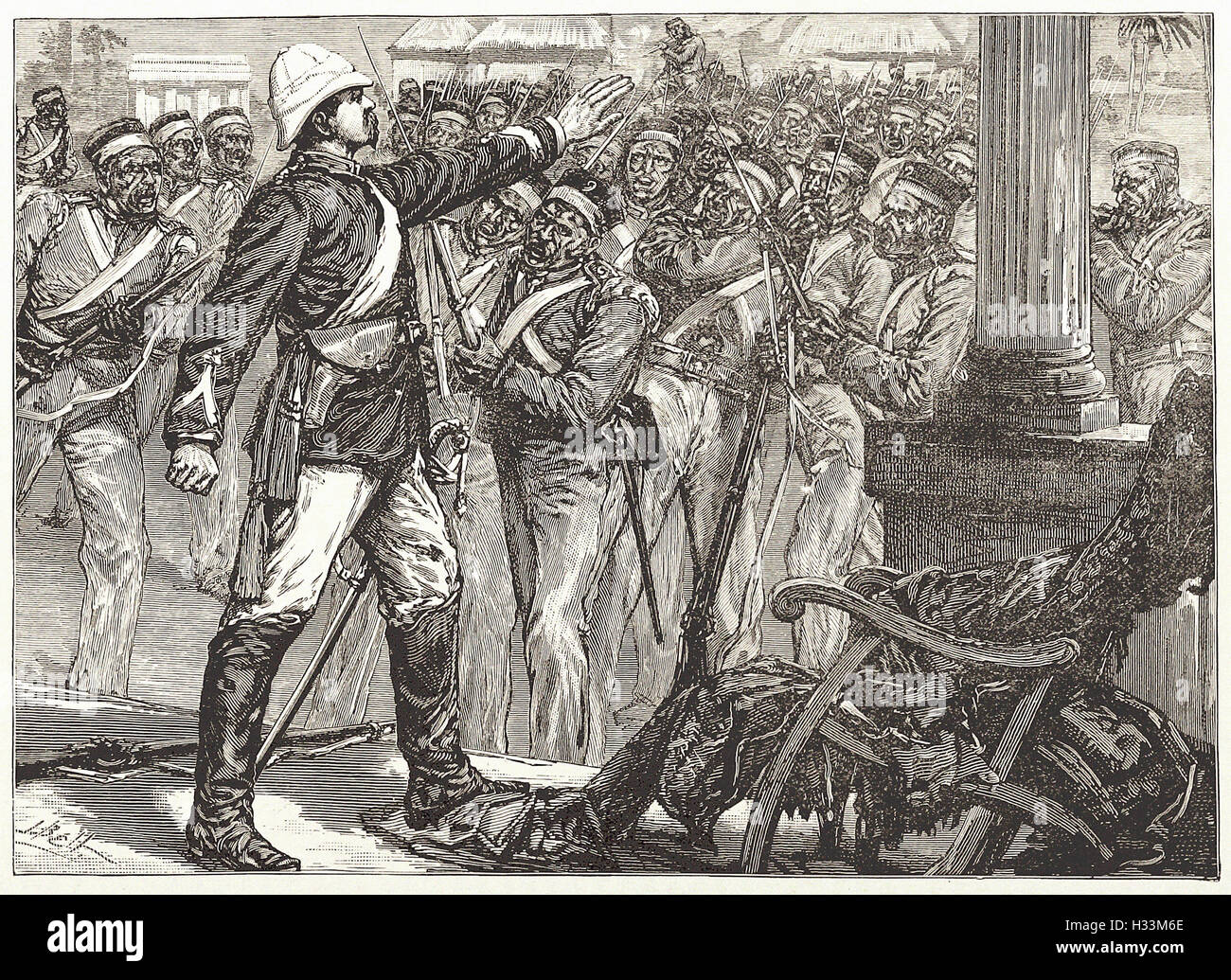 Incidente in INDIAN MUTINY : LIEUT. DE KANTZOW calmare il SEPOYS A MYNPOOREE - da 'Cassell illustrato della storia universale" - 1882 Foto Stock