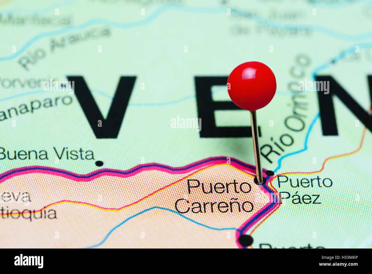 Puerto Carreno imperniata su una mappa della Colombia Foto Stock