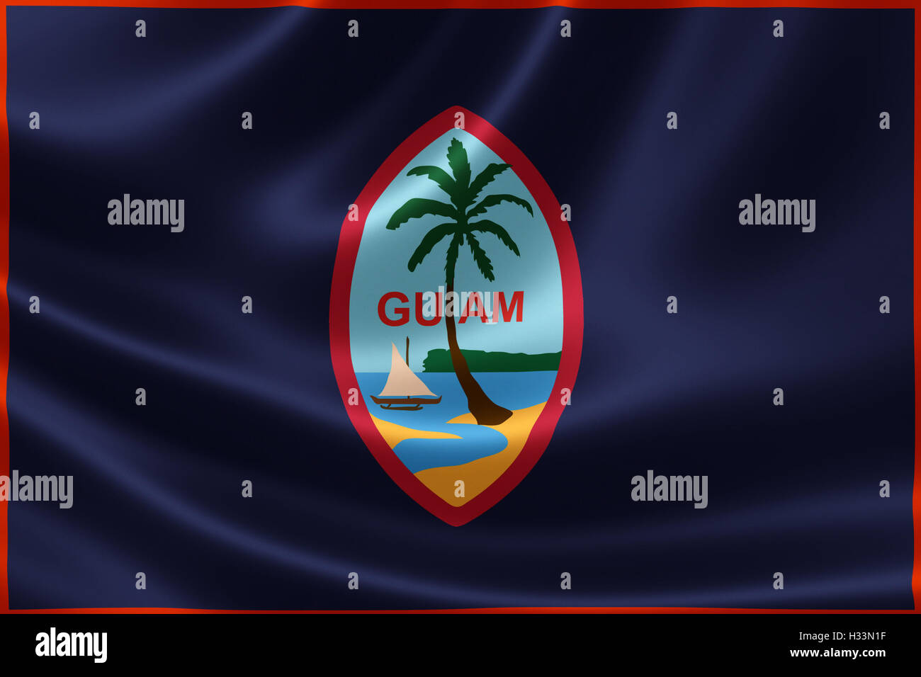 3D rendering di un satinato bandiera di Guam, senza personalità e organizzato il territorio degli Stati Uniti situato nel né Foto Stock