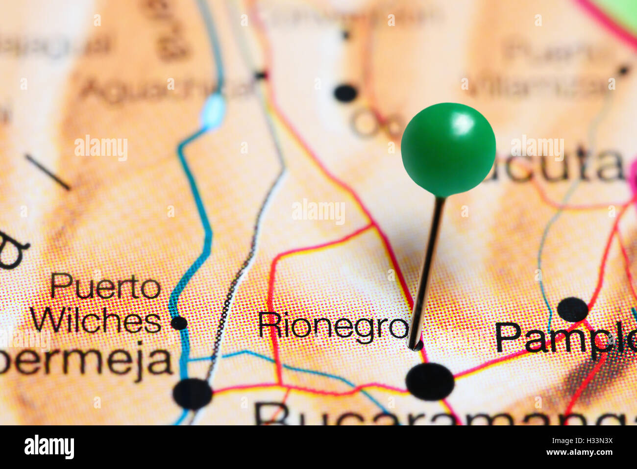 Rionegro imperniata su una mappa della Colombia Foto Stock