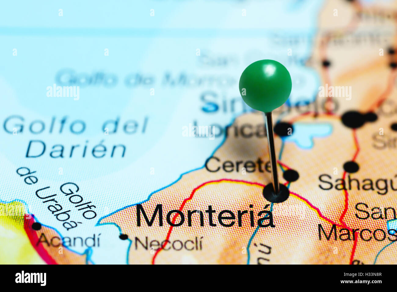 Monteria imperniata su una mappa della Colombia Foto Stock