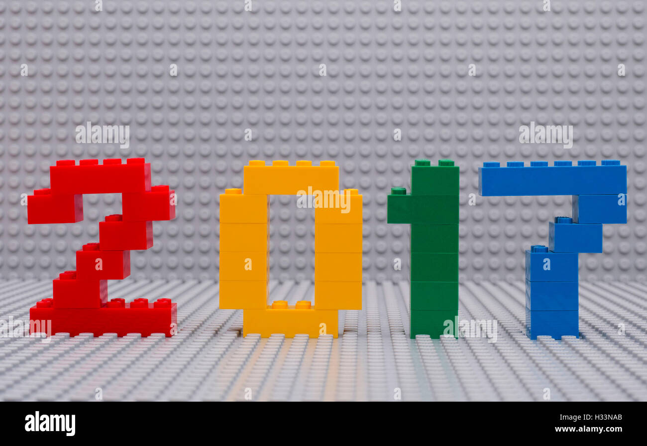 Tambov, Federazione Russa - Settembre 22, 2016 Nuovo anno 2017 concept di Lego. Studio shot. Foto Stock