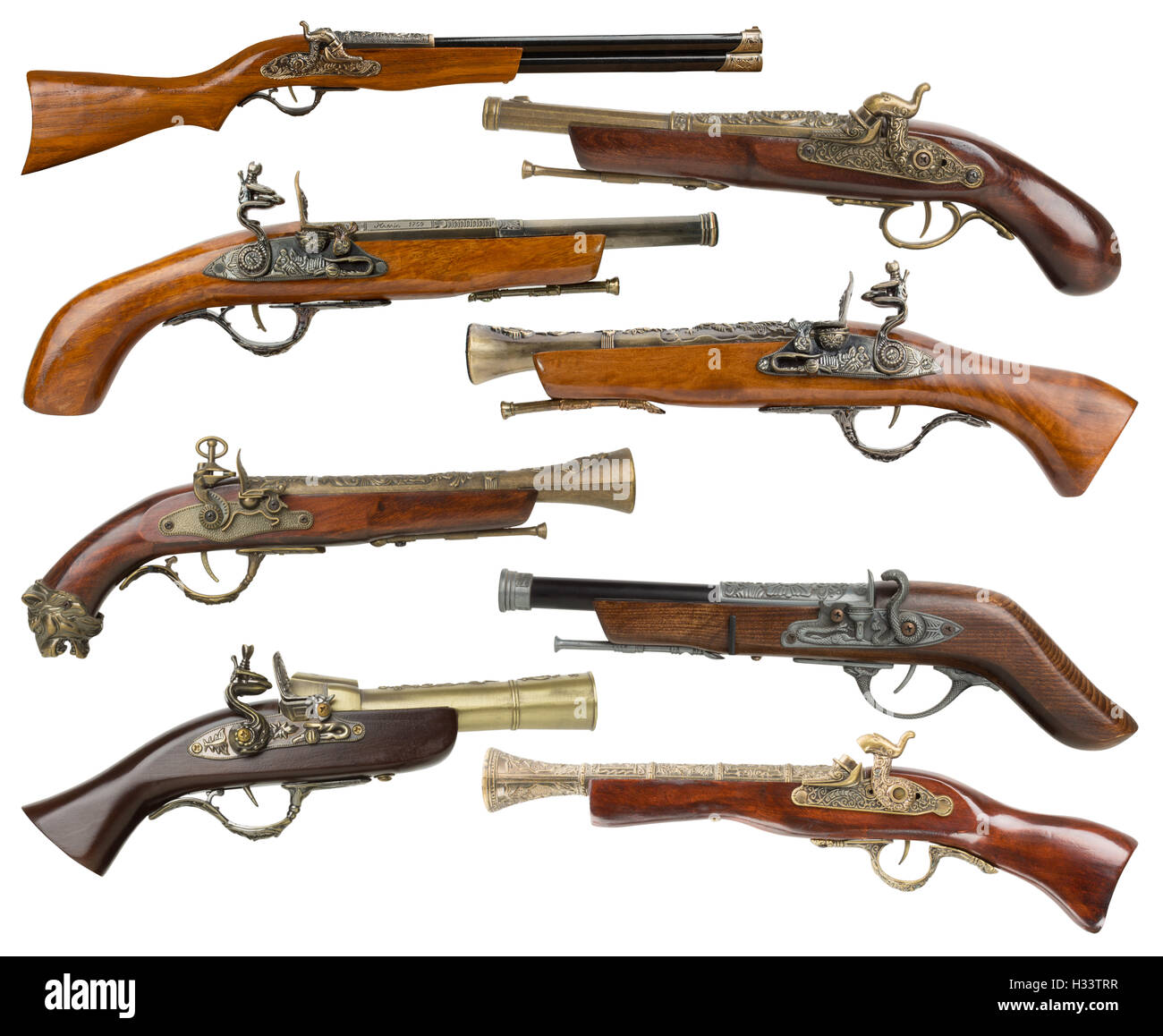 Collezione di pistole vintage isolato su uno sfondo bianco. Foto Stock