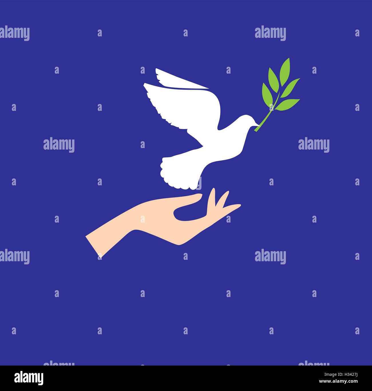 Illustrazione vettoriale di una colomba vola con olive branch e mano umana il concetto di pace Illustrazione Vettoriale