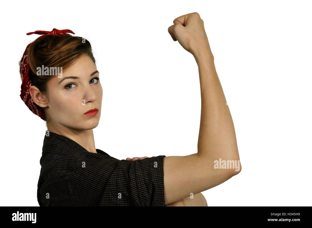 Bella Donna vestita come la mitica Rosie la rivettatrice Foto Stock