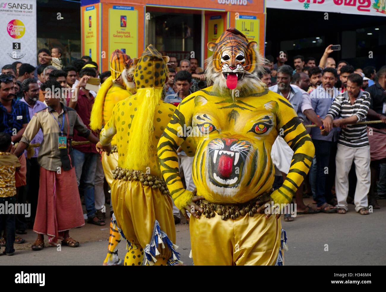 Addestrati danzatori con loro accuratamente i corpi verniciati pretesto di tigri eseguire Pulikali famose strade di Thrissur, Kerala Foto Stock