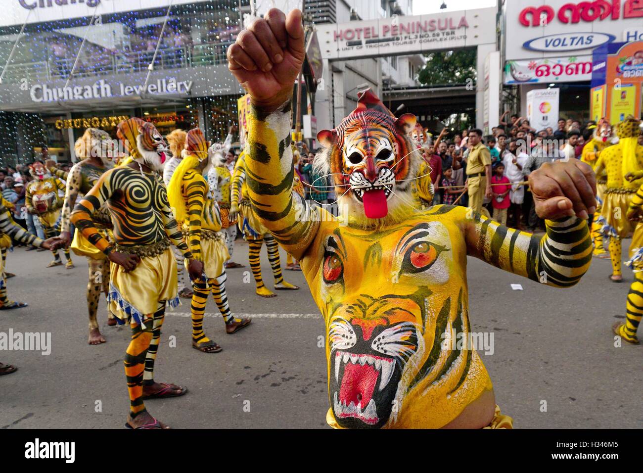 Addestrati danzatori con loro accuratamente i corpi verniciati pretesto di tigri eseguire il famoso Pulikali strade di Thrissur Kerala Foto Stock
