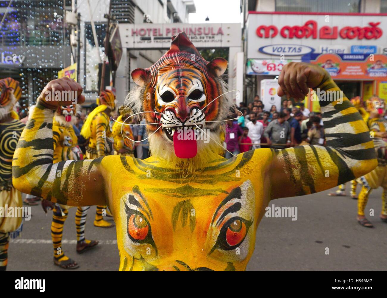 Addestrati danzatori con loro accuratamente i corpi verniciati pretesto di tigri eseguire il famoso Pulikali le strade di Thrissur Kerala Foto Stock