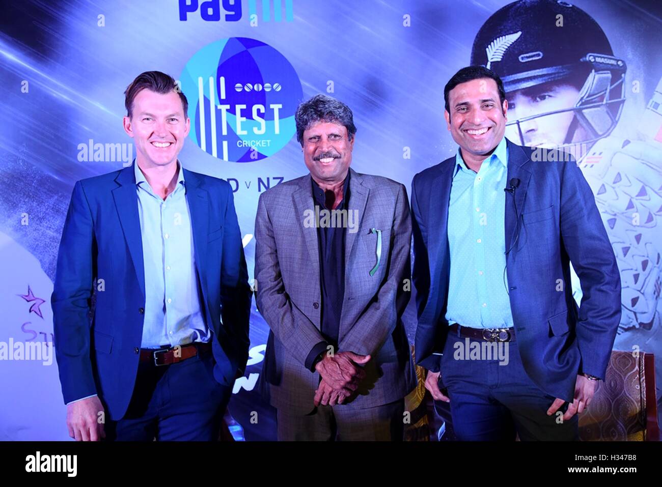 Brett Lee, cricketer australiano, Kapil Dev, giocatore indiano, VVS Laxman, Discussione del panel prossimi test India vs Nuova Zelanda New Delhi India Foto Stock