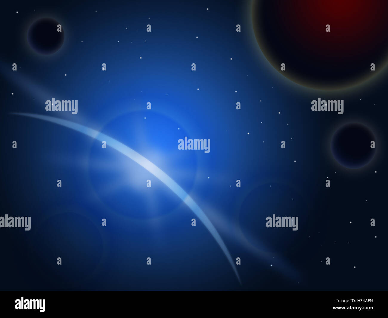 Blue Star dietro il pianeta mostra orizzonte galattico o campo a stella Foto Stock
