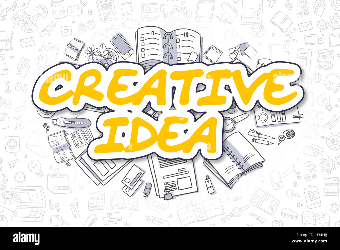 Idea creativa - Doodle testo giallo. Il concetto di business. Foto Stock