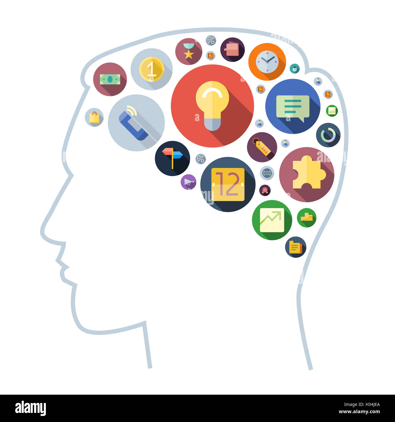 Le icone per le aziende disposte nel cervello umano forma. Foto Stock