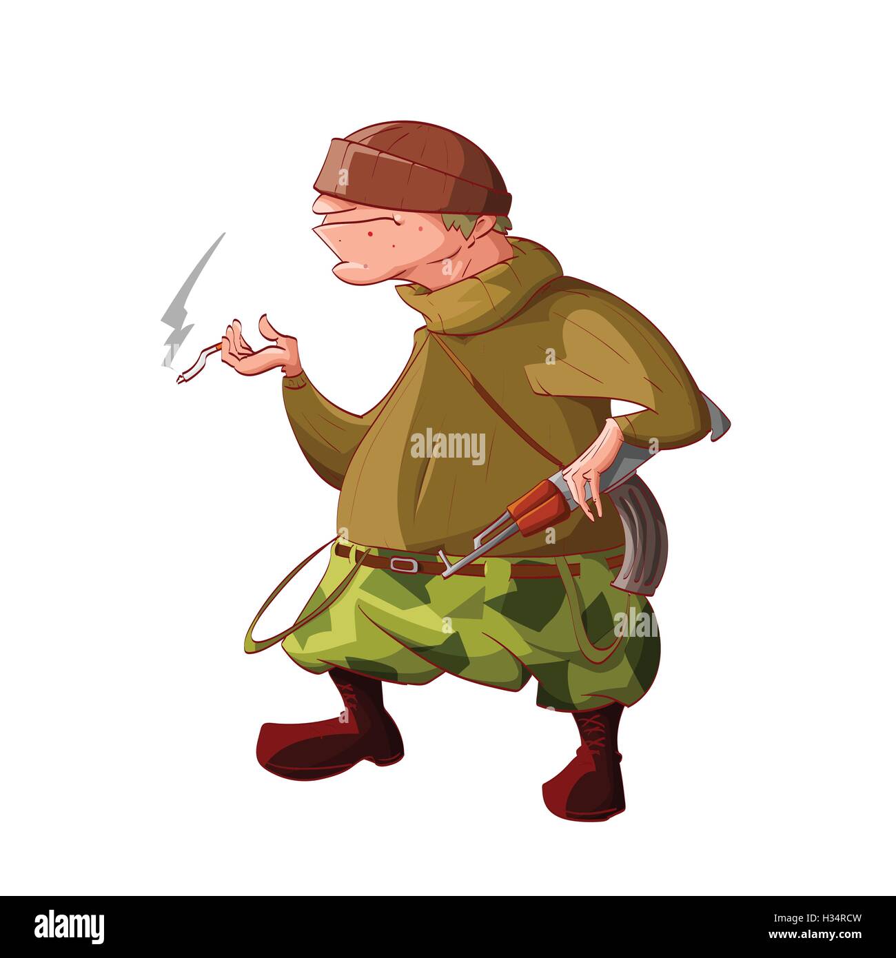 Colorata illustrazione vettoriale di un cartoon / ribelli separatisti del combattente di guerriglia. Indossando un cappello, maglione, cammo pantaloni, stivali. Smoki Illustrazione Vettoriale