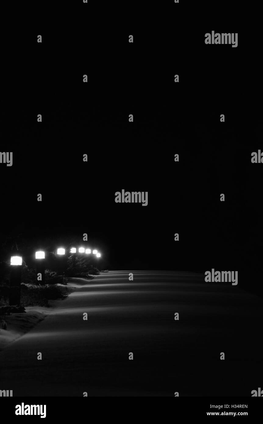 Illuminato parco innevato sentiero, luci luminose accese bianco percorso Outdoor pavimentazione lanterne lampioni prospettiva di riga di notte Foto Stock