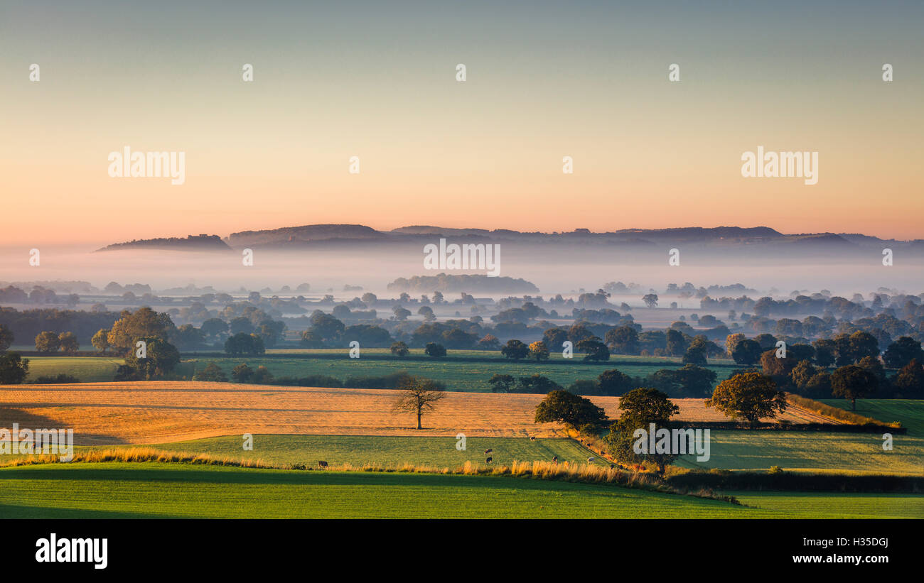 Bassa autunno. La luce del mattino e rastrelli in tutta la pianura del Cheshire con Beeston Castle e la pietra arenaria Peckforton ridge, Cheshire, Regno Unito Foto Stock