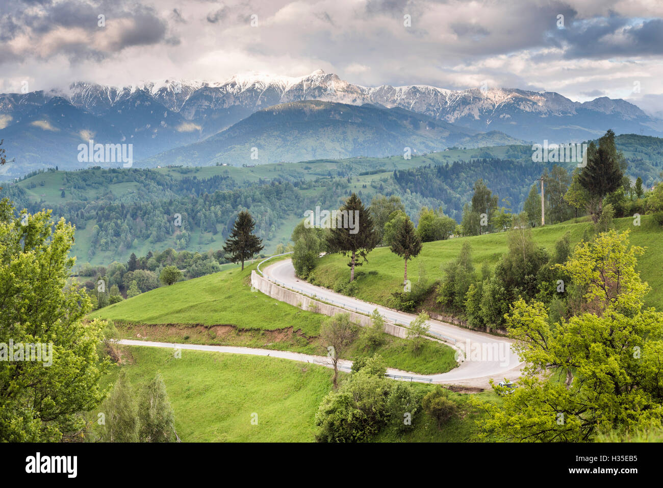 Paesaggio rurale e dei Carpazi vicino Castello di Bran a Pestera, Transilvania, Romania Foto Stock