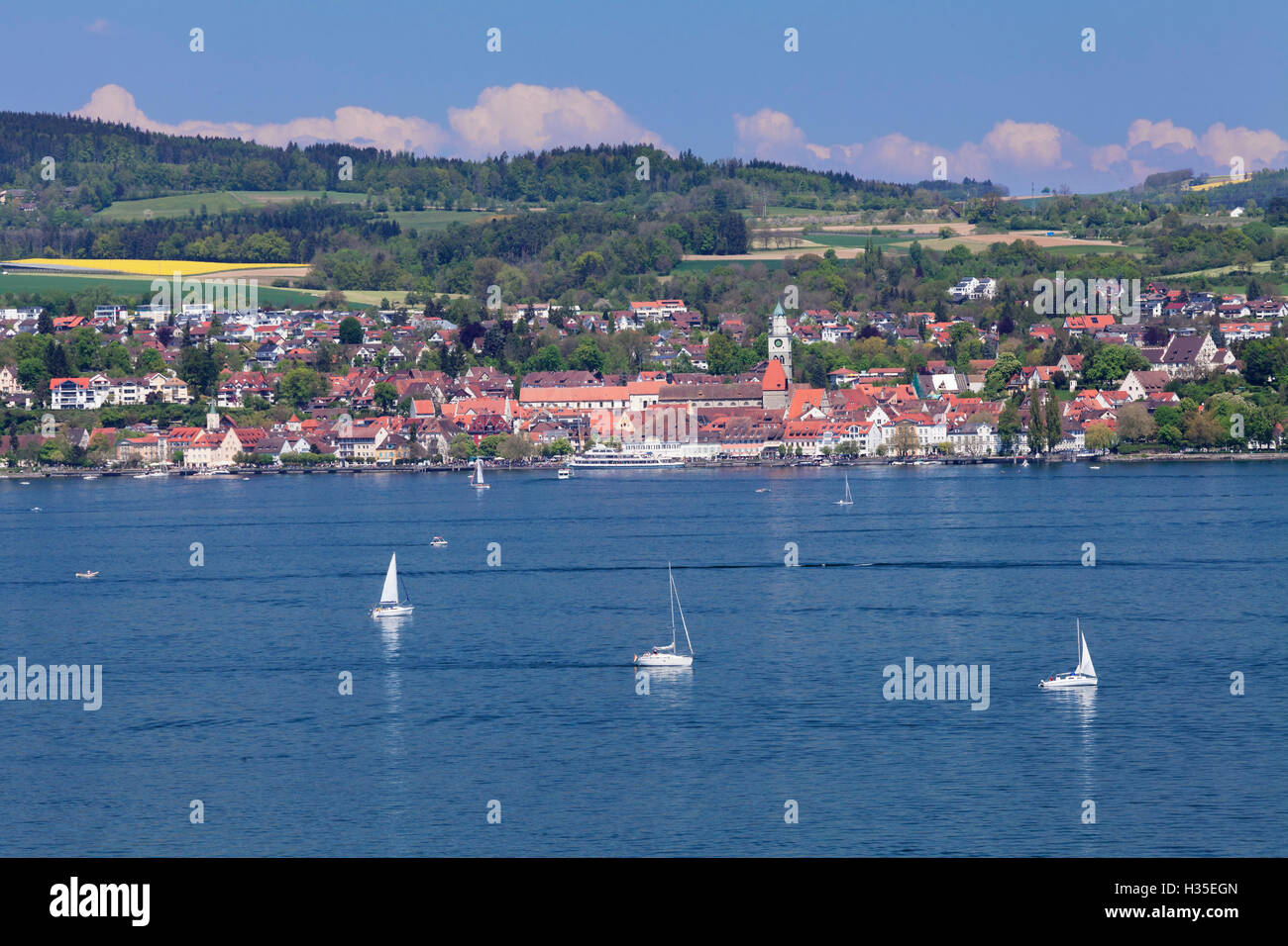 Vista sul lago di Costanza da Ueberlingen, Lago di Costanza, Baden-Württemberg, Germania Foto Stock