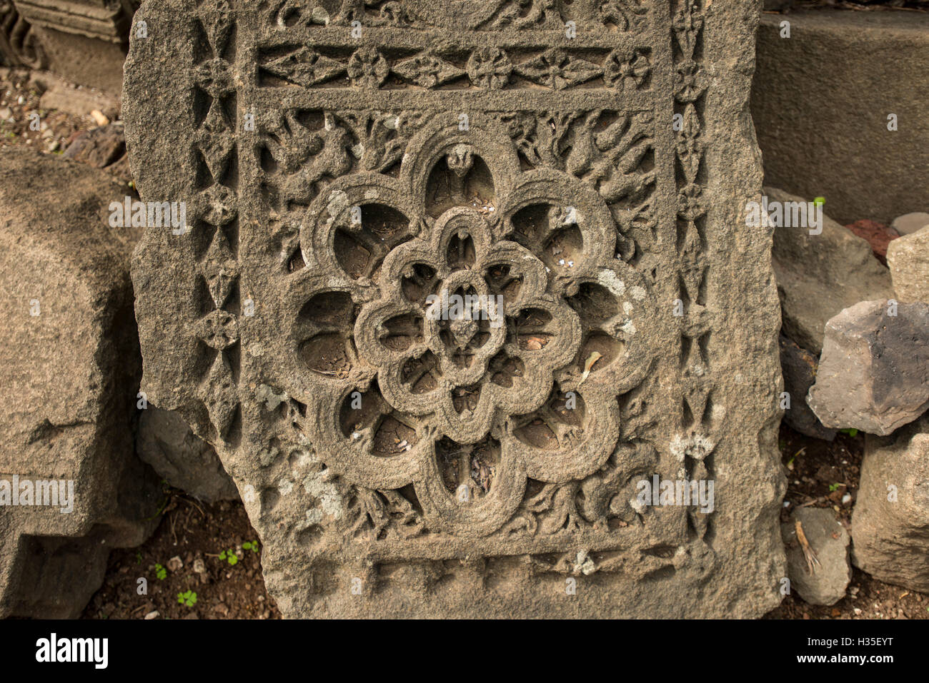 Lonar nel Maharashtra è il sito di un antico meteor crash. Essa ha anche alcune spettacolari templi antichi. Questo unico motivo è fatta di mucca zoccolo di stampe Foto Stock