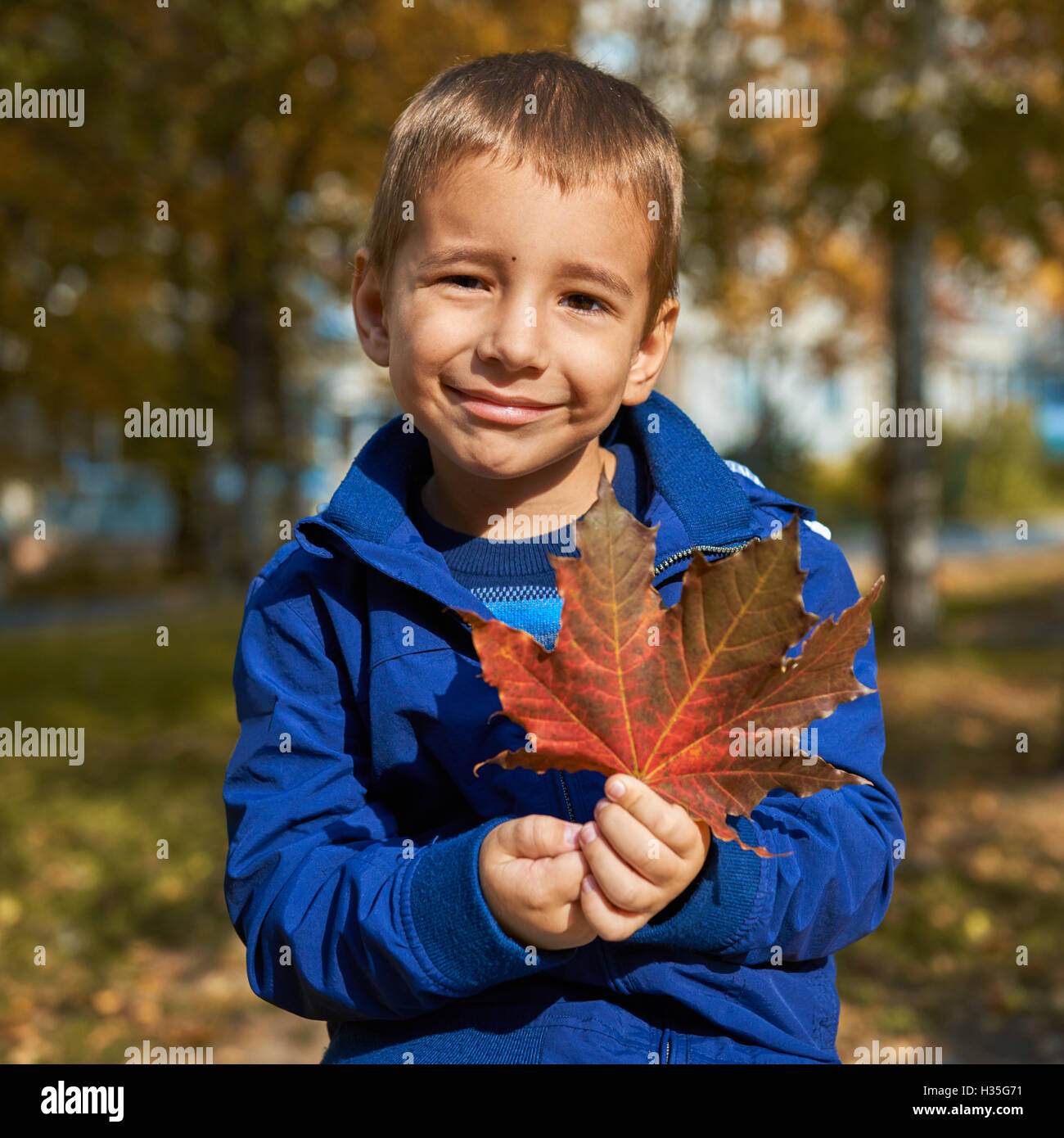 Autunno ritratto di un bambino. Un ragazzo sorridente con una foglia di acero in mano Foto Stock
