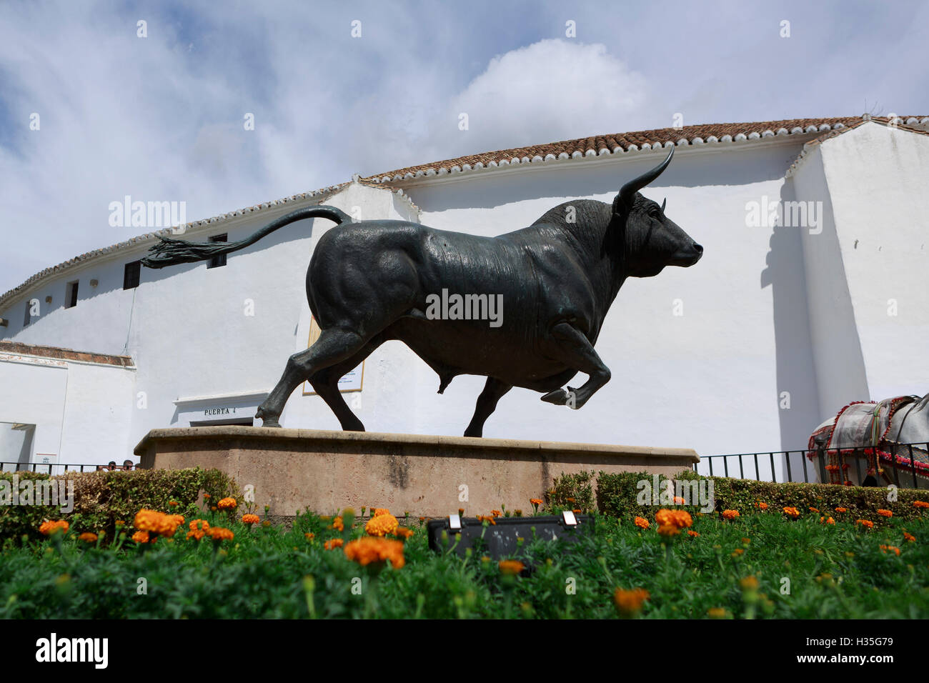 Andalusia, Spagna. Bull Statua in Ronda. frontale arena dei tori. Pak@ Mera Foto Stock