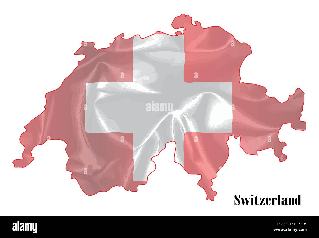 Mappa di contorno della Svizzera con la bandiera di seta su uno sfondo bianco Illustrazione Vettoriale