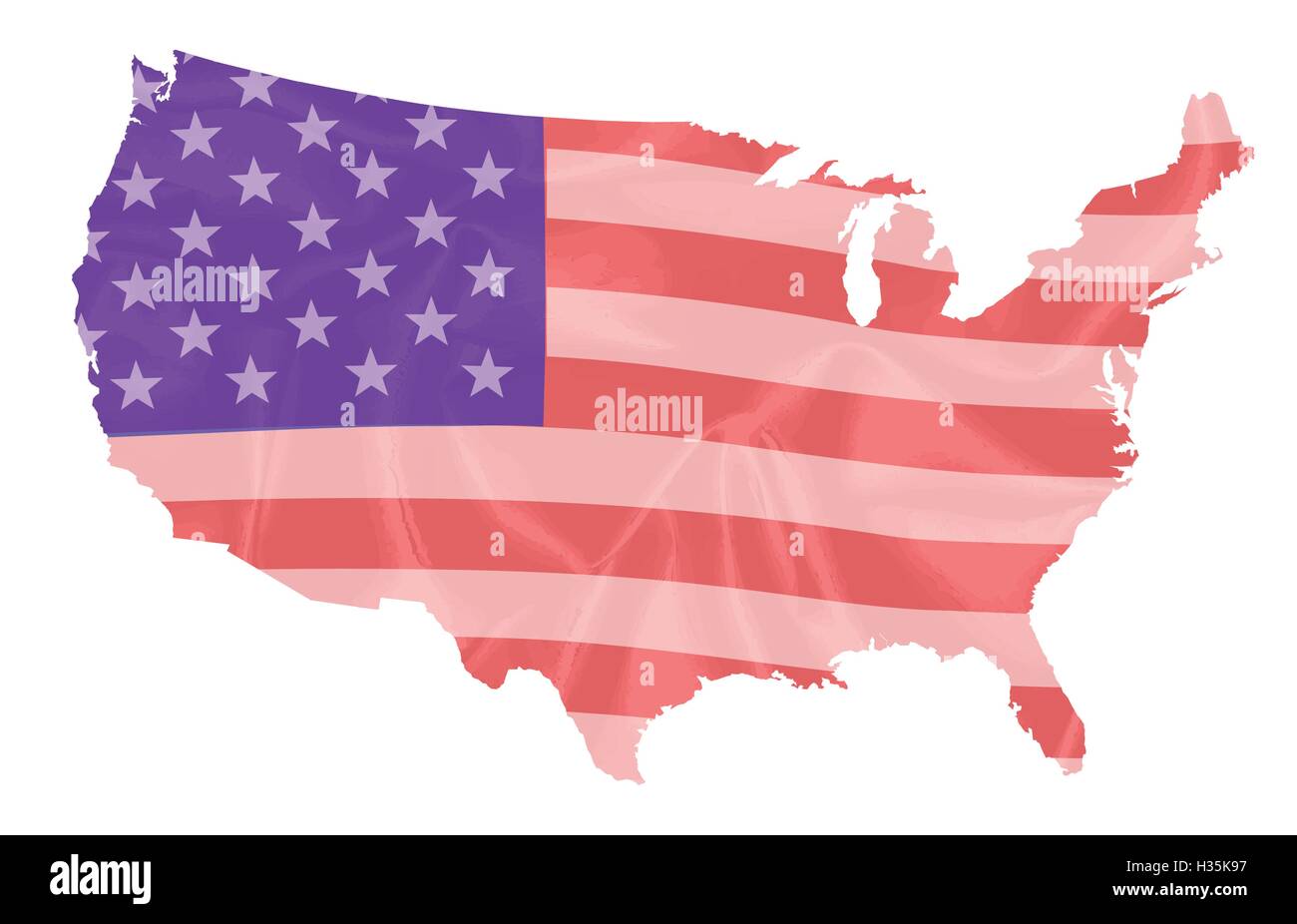 Un contorno silhouette mappa degli Stati Uniti d'America su una seta a stelle e strisce bandiera Illustrazione Vettoriale