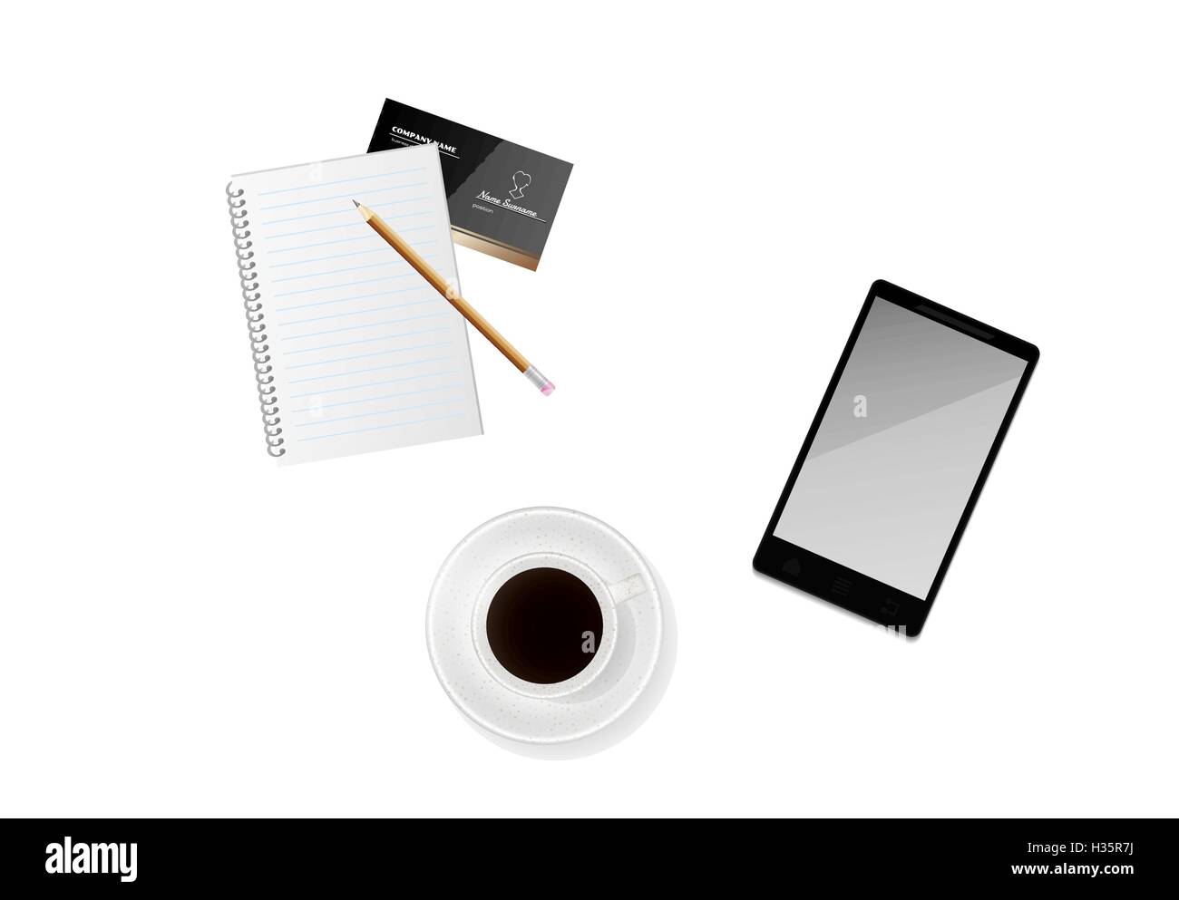 Tazza di caffè con carta, matita e telefono Illustrazione Vettoriale
