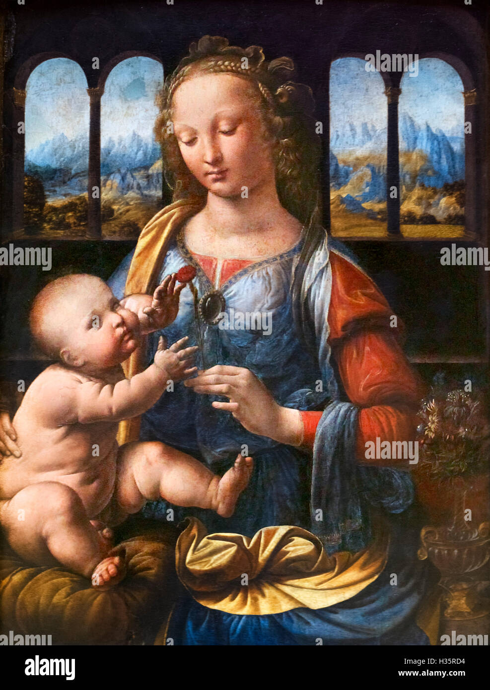 La Madonna del garofano (Maria con Bambino) da Leonardo da Vinci (1452-1519), olio su pannello, c.1478-1480 Foto Stock