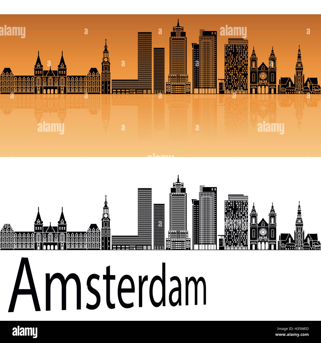 Amsterdam V2 skyline di sfondo arancione nella modificabile file vettoriali Foto Stock