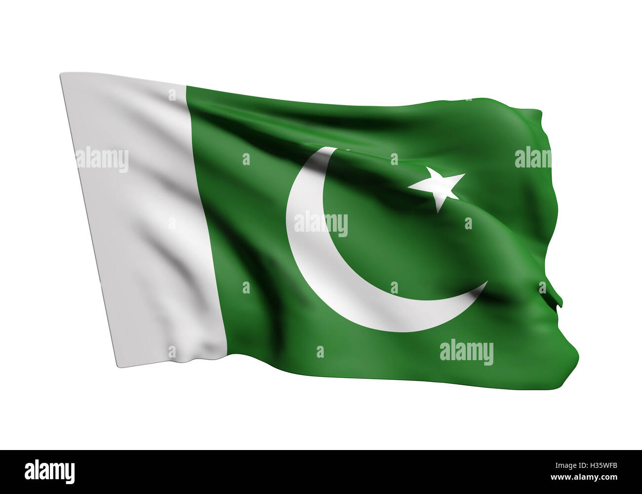 3D rendering della Repubblica islamica del Pakistan bandiera sventola su sfondo bianco Foto Stock