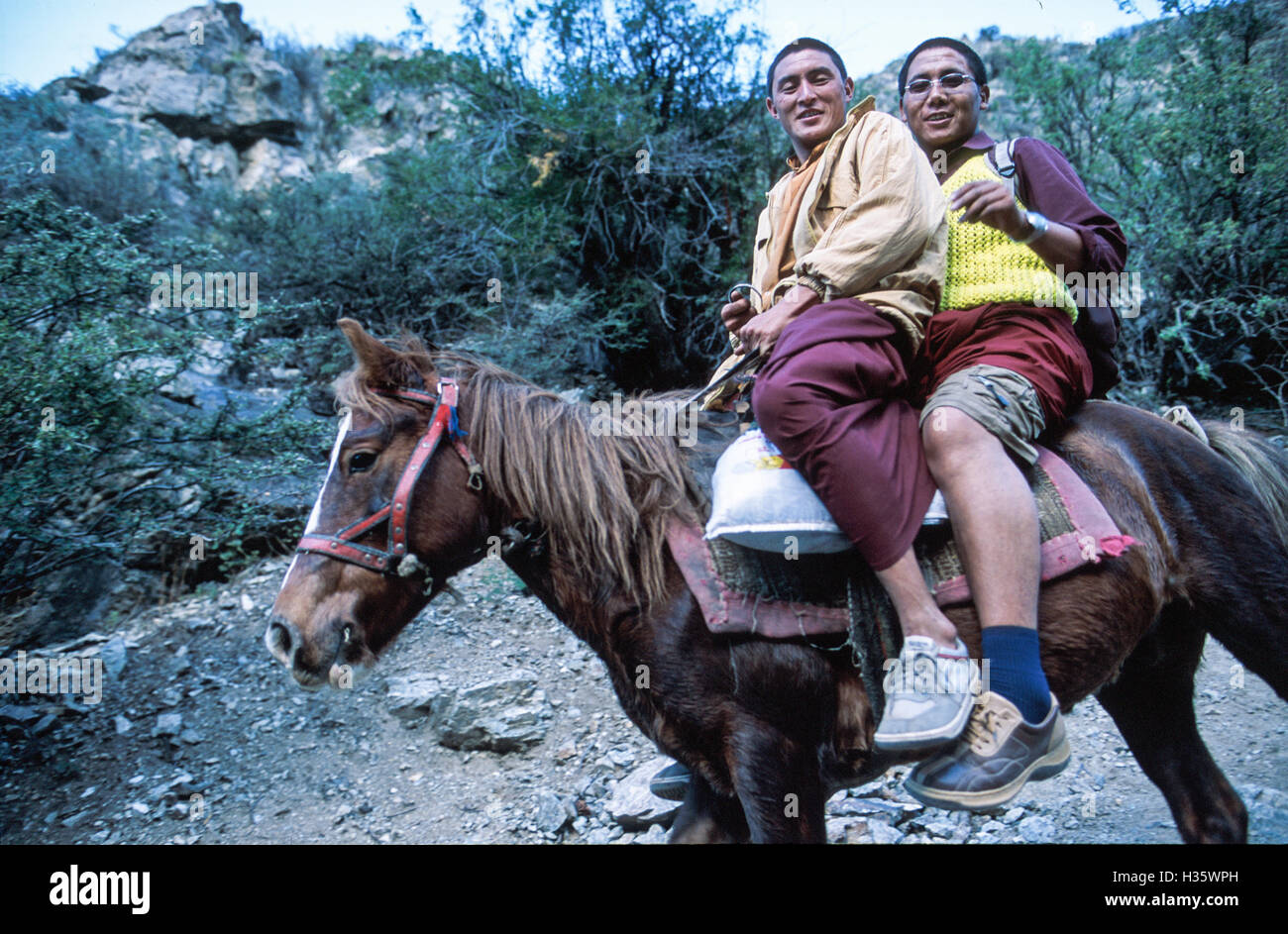 I monaci buddisti a cavallo a capo della Humla-Karnali lungo la valle del fiume verso la Cina.furono la voce di un monastero nella regione Taklakot della Cina. Il nostro gruppo di quindici erano gli escursionisti a piedi per il Tibet a croce in Cina da un po' di usato overland route. Questa zona del Nepal è particolarmente remota e non ha il tè-case o alloggi turistici così comune sui più popolari trekking nepalese. Foto Stock