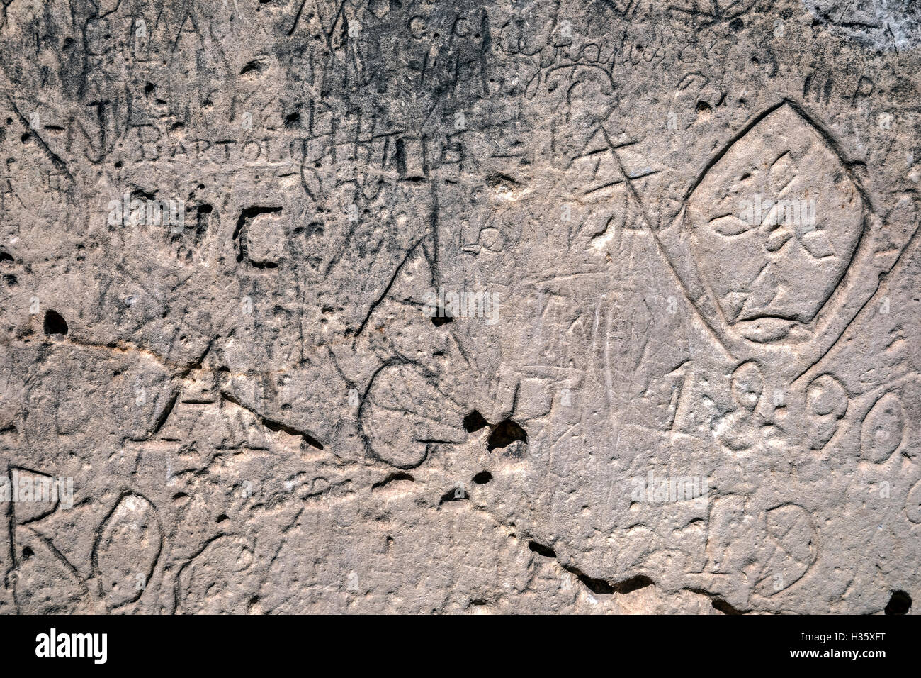 Graffiti storici, i templi di Ggantija, Gozo, Malta Foto Stock