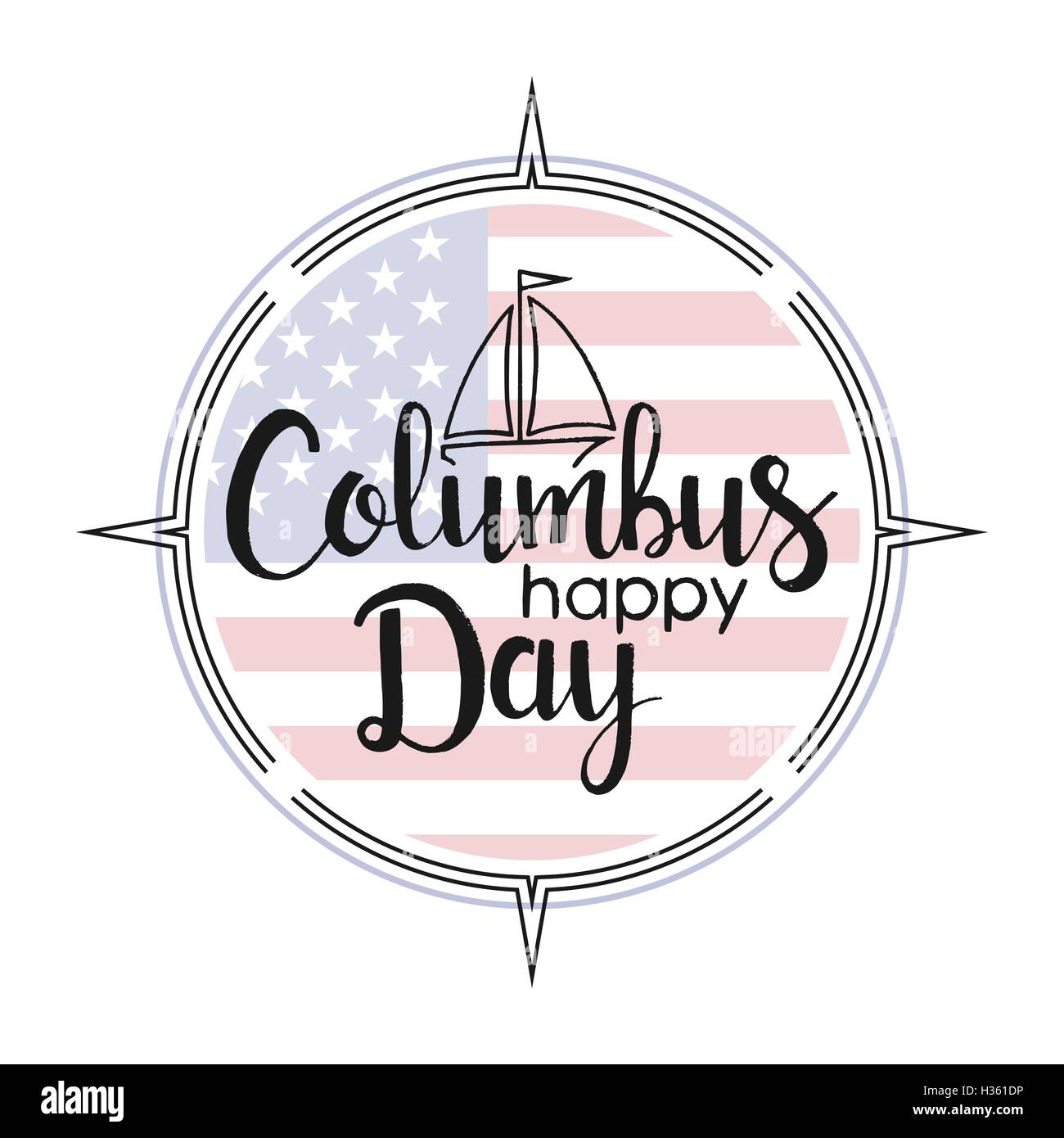 Felice il Columbus Day lettering. Vettore moderno disegnato a mano con calligrafia barca, abstract bandiera americana e bussola Illustrazione Vettoriale