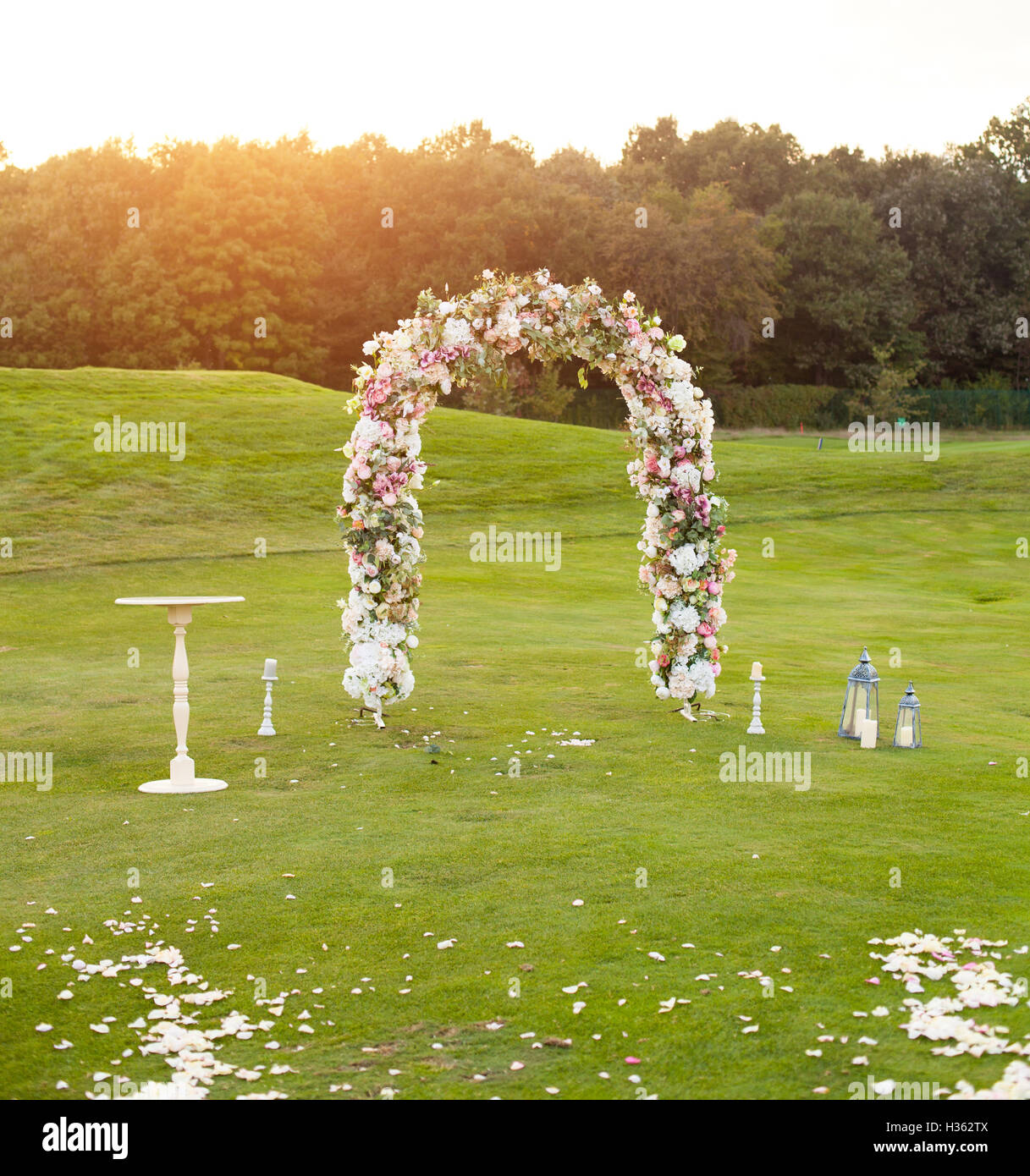 Arco floreale sul campo verde Foto Stock