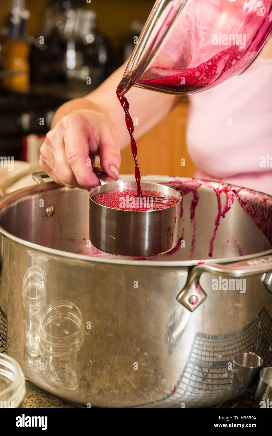 Succo sia misurata per addind zucchero e pectina per la fase finale nella realizzazione di marmellata di uva. Foto Stock